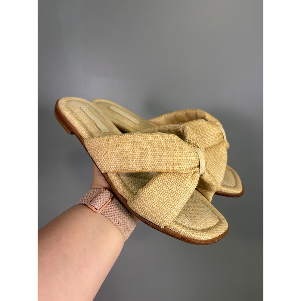 Schutz Fairy Raffia Puffy Strap Slide Sandals 8B Leather Resort Coastal Beach